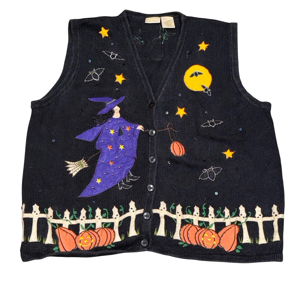 Bobbie Brooks Womens Knit Halloween Sweater Vest Witch Pumpkin Black 22/24W Fall